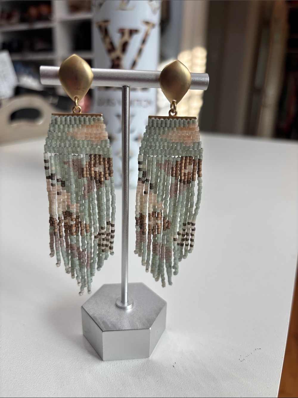 Beaded Fringe Drop Earrings - Mint and Gold